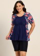 Curvy Red Floral Scoop Neck Upf50+ Short Sleeves Modest Women's Swimsuit Shirt Tankini Top