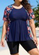 Curvy Red Floral Scoop Neck Upf50+ Short Sleeves Modest Women's Swimsuit Shirt Tankini Top