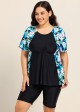 Plus Size Blue Floral Scoop Neck Upf50+ Short Sleeves Vintage Women's Swimsuit Shirt Tankini Top