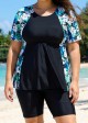 Plus Size Blue Floral Scoop Neck Upf50+ Short Sleeves Vintage Women's Swimsuit Shirt Tankini Top