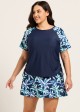 Plus Size Blue Leaf Upf50+ Short Sleeves Modest Side Drawstring Women's Swimsuit Tankini Top