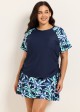 Plus Size Blue Leaf Upf50+ Short Sleeves Modest Side Drawstring Women's Swimsuit Tankini Top