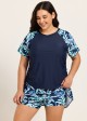 Plus Size Blue Leaf Upf50+ Short Sleeves Modest Side Drawstring Women's Swimsuit Tankini Top