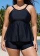 Black Scoop Neck Cutout Edge Plus Size Modest Tankini Swimsuit Top