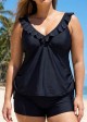 Black V Neck Plus Size Modest Ruffle Drawstring Tankini Swimsuit Top