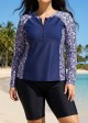 Purple Floral Print High Neck Upf50+ Long Sleeves Zipper Curvy Women's Swimsuit Shirt Tankini Top