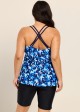 Blue Floral Print High Neck Flattering Curvy Women's Swimsuit Tankini Top