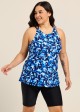 Blue Floral Print High Neck Flattering Curvy Women's Swimsuit Tankini Top