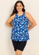 Blue Floral Print High Neck Flattering Curvy Women's Swimsuit Tankini Top