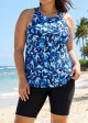Blue Floral Print High Neck Flattering Curvy Women's Swimsuit Tankini Top