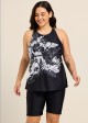 Plus Size Black Tropical Floral Print High Neck Modest Women's Swimsuit Tankini Top