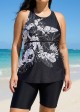 Plus Size Black Tropical Floral Print High Neck Modest Women's Swimsuit Tankini Top