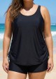 Black Solid Color Drawstring Plus Size Tankini Top
