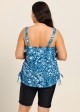 Navy Blue Floral Scoop Neck Vintage Drawstring Plus Size Women's Swimsuit Tankini Top