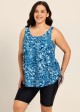 Navy Blue Floral Scoop Neck Vintage Drawstring Plus Size Women's Swimsuit Tankini Top