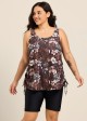 Brown Floral Scoop Neck Flattering Drawstring Curvy Women's Swimsuit Tankini Top