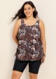 Brown Floral Scoop Neck Flattering Drawstring Curvy Women's Swimsuit Tankini Top