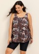 Brown Floral Scoop Neck Flattering Drawstring Curvy Women's Swimsuit Tankini Top