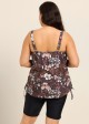 Brown Floral Scoop Neck Flattering Drawstring Curvy Women's Swimsuit Tankini Top