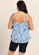 Plus Size Blue Floral Print Scoop Neck Modest Drawstring Women's Swimsuit Tankini Top