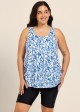 Plus Size Blue Floral Print Scoop Neck Modest Drawstring Women's Swimsuit Tankini Top