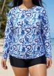Curvy Blue And White Floral  Upf50+ Long Sleeves Side Drawstring Swimsuit Shirt Tankini Top