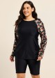 Black Floral Print Upf50+ Long Sleeves Modest Drawstring Plus Size Women's Swimsuit Tankini Top
