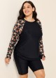Black Floral Print Upf50+ Long Sleeves Modest Drawstring Plus Size Women's Swimsuit Tankini Top