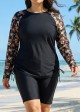 Black Floral Print Upf50+ Long Sleeves Modest Drawstring Plus Size Women's Swimsuit Tankini Top