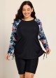 Plus Size Black Floral Upf50+ Long Sleeves Modest Women's Swimsuit Tankini Top