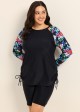 Plus Size Black Floral Upf50+ Long Sleeves Modest Women's Swimsuit Tankini Top