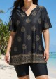 Curvy Black Floral V Neck Loose Short Sleeves Swimsuit Tankini Top