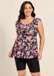 Black Pink Floral Print Scoop Neck Built In Bra Ruffle Plus Size Women's Swimsuit Tankini Top