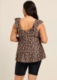 Brown Striped Floral Print Scoop Neck Modest Built In Bra Ruffle Curvy Women's Swimsuit Tankini Top