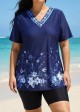 Plus Size Navy Floral V Neck  Upf50+ Short Sleeves Modest Padded Swimsuit Long Tankini Top