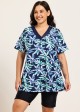 Curvy Blue Leaf V Neck Upf50+ Short Sleeves Modest Padded Swimsuit Long Tankini Top