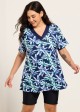 Curvy Blue Leaf V Neck Upf50+ Short Sleeves Modest Padded Swimsuit Long Tankini Top