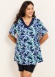 Curvy Blue Leaf V Neck Upf50+ Short Sleeves Modest Padded Swimsuit Long Tankini Top