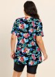 Plus Size Black Floral V Neck Upf50+ Short Sleeves Modest Padded Swimsuit Long Tankini Top