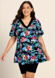 Plus Size Black Floral V Neck Upf50+ Short Sleeves Modest Padded Swimsuit Long Tankini Top