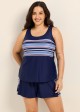 Navy Stripe Contrast Scoop Neck Flattering Curvy Swimsuit Two Piece Tankini Set