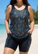 Black Floral Scoop Neck Sporty Built In Bra Drawstring Curvy Women's Swimsuit Tankini Set