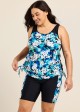Curvy Blue Floral Scoop Neck Flattering Side Drawstring Women's Swimsuit Two Piece Tankini Set