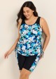 Curvy Blue Floral Scoop Neck Flattering Side Drawstring Women's Swimsuit Two Piece Tankini Set