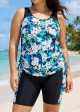 Curvy Blue Floral Scoop Neck Flattering Side Drawstring Women's Swimsuit Two Piece Tankini Set