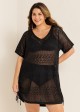 Black V Neck Cut Out Drawstring Swim Cover Up