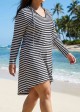 White Striped Hoodie Curvy Beachwear Cover Ups Dress