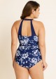 Navy Floral Sweetheart Neck Sarong Front Modest Plus Size One Piece Swimsuit