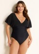 Black V Neck Mesh Flutter Sleeves One Piece Swimsuit