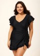Black V Neck Petal Sleeve Vintage Modest Plus Size Drawstring One Piece Swimsuit